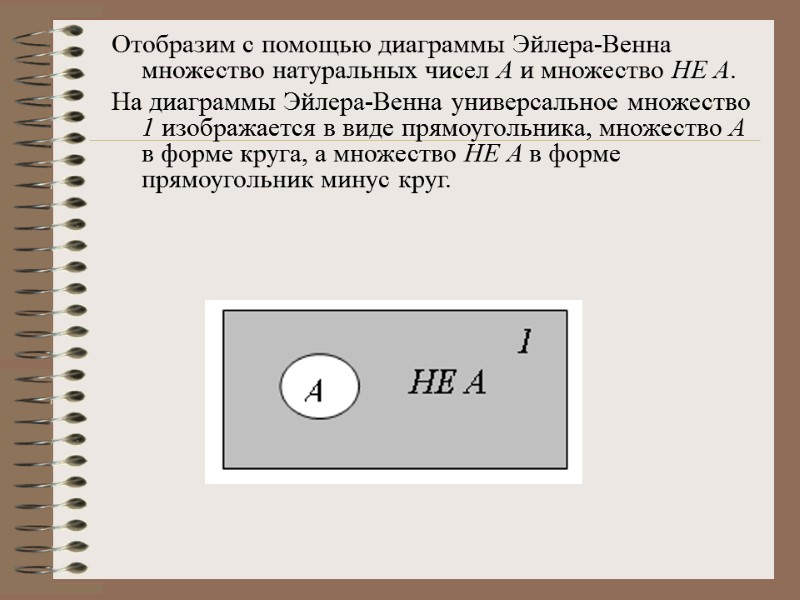 Отобразим с помощью диаграммы Эйлера-Венна множество натуральных чисел А и множество НЕ А. 